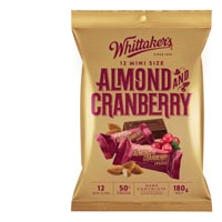 【超市采购】Whittakers杏仁蔓越莓巧克力12小袋装 180克(疫情期间超市发货较慢，急单不接)